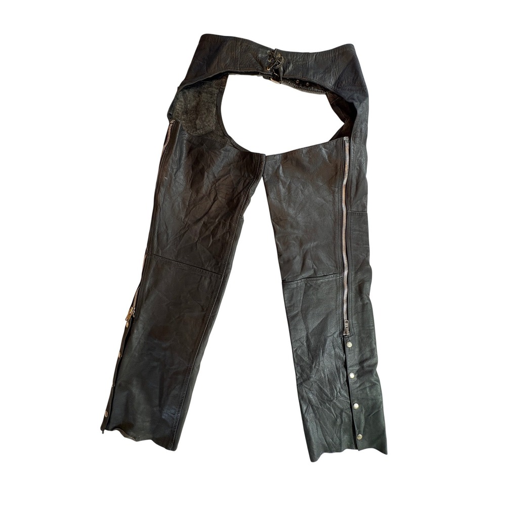 Unik Leather Black Motorcycle Chaps Mens Medium Adjustable Biker Riding Gear